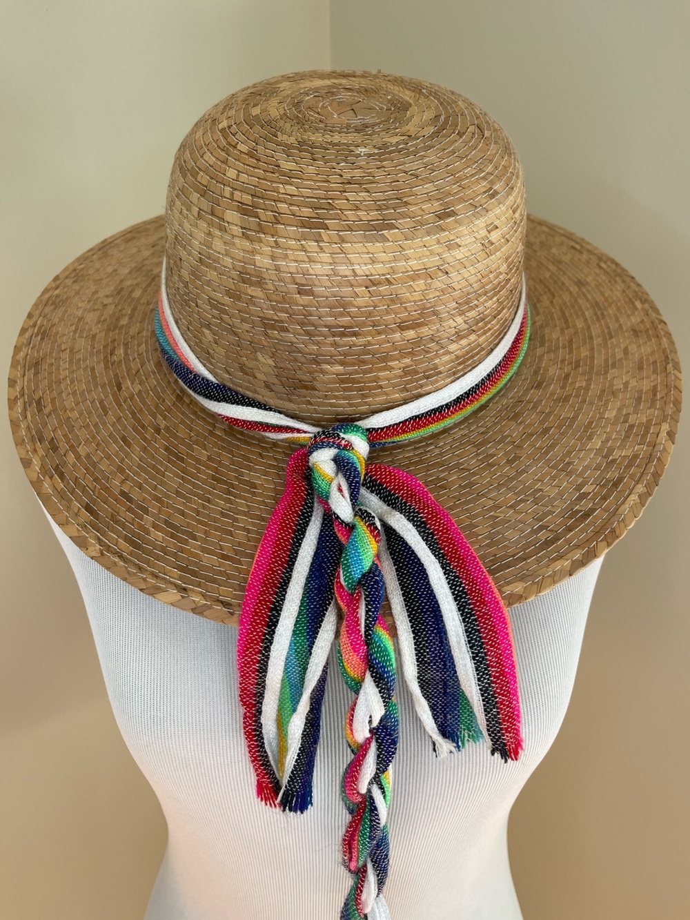 Women’s Wide Brim Straw Sun Hat Rainbow Multicolored Woven Tie Boho Beach Resort